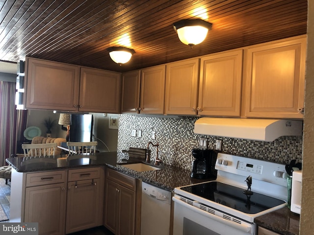 kitchen with white appliances, decorative backsplash, a peninsula, extractor fan, and a sink