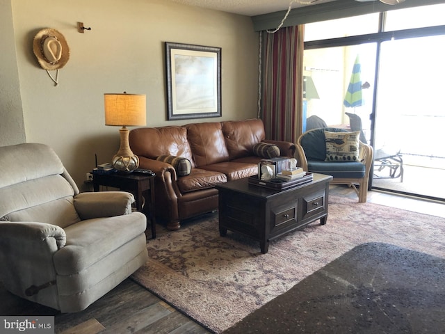 living area featuring expansive windows and wood finished floors