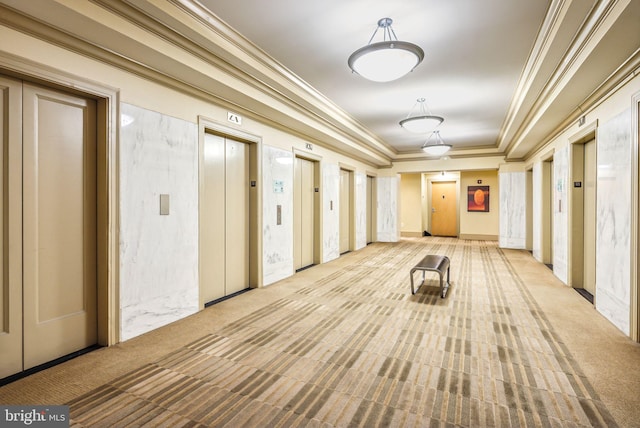 interior space with elevator, carpet flooring, crown molding, and a raised ceiling