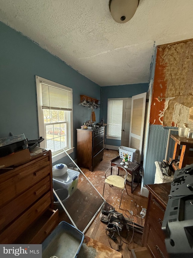 misc room with vaulted ceiling and a textured ceiling