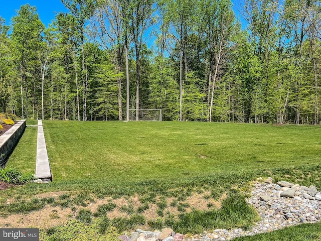view of yard featuring a forest view