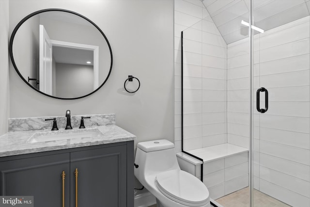 bathroom featuring toilet, a stall shower, and vanity