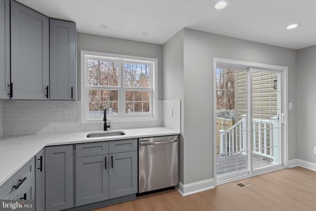 kitchen featuring stainless steel dishwasher, a sink, visible vents, and gray cabinetry