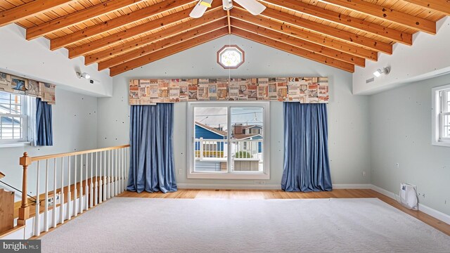 8322 Bayside Rd, Chesapeake Beach, MD 20732 - empty room featuring wood finished floors, wood ceiling, ceiling fan, and baseboards