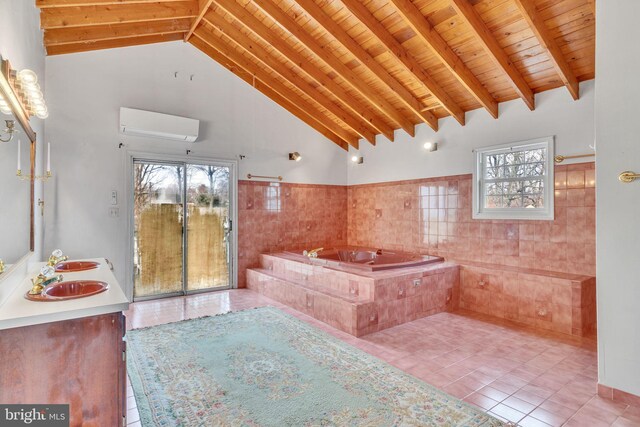 8322 Bayside Rd, Chesapeake Beach, MD 20732 - bathroom with an AC wall unit, wood ceiling with exposed beams, tile patterned flooring, a garden tub, and double vanity