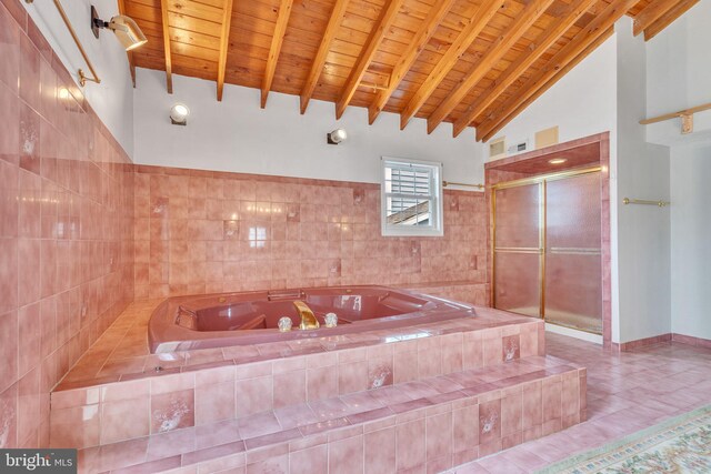 8322 Bayside Rd, Chesapeake Beach, MD 20732 - full bathroom with wooden ceiling with exposed beams, a bath, a stall shower, tile patterned flooring, and high vaulted ceiling