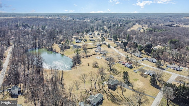 drone / aerial view featuring a view of trees and a water view