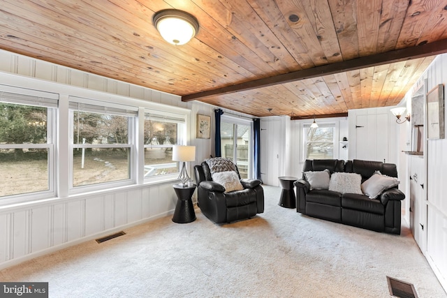 living room featuring carpet floors, wood ceiling, visible vents, and beamed ceiling