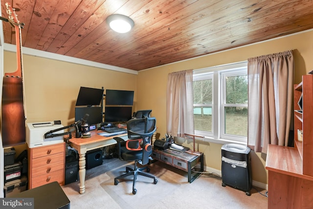 office space with wooden ceiling, carpet flooring, and baseboards