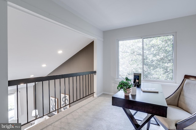 carpeted home office with recessed lighting and baseboards