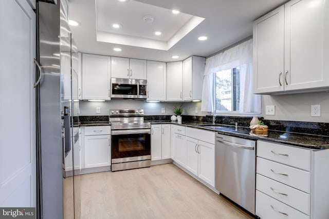 kitchen with a tray ceiling, appliances with stainless steel finishes, a sink, and white cabinets