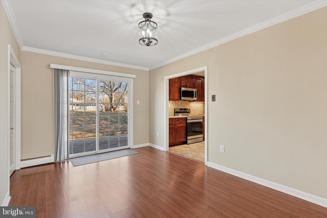 unfurnished dining area with a baseboard heating unit, baseboards, light wood-style floors, an inviting chandelier, and crown molding