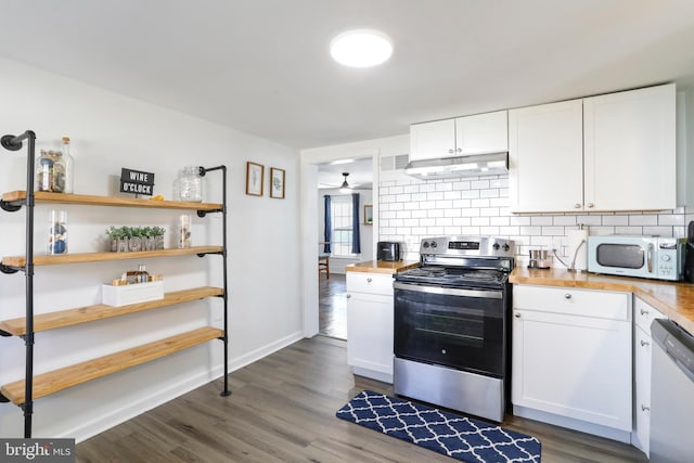 kitchen featuring white microwave, under cabinet range hood, electric range, decorative backsplash, and dishwasher