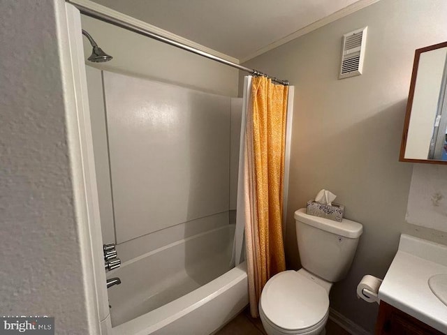 full bathroom with crown molding, shower / bath combination with curtain, visible vents, toilet, and vanity