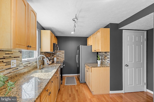 kitchen featuring light wood finished floors, light brown cabinets, stainless steel appliances, and light stone counters