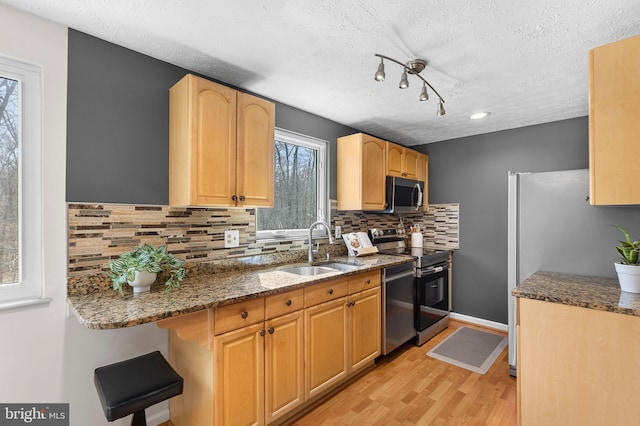 kitchen with dark stone countertops, light wood-type flooring, stainless steel appliances, a sink, and tasteful backsplash