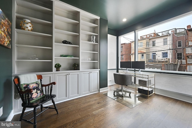 office space with wood finished floors and recessed lighting