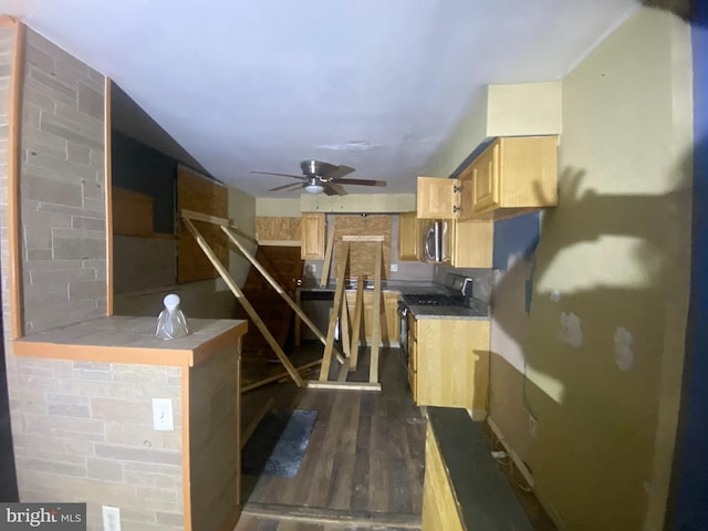 kitchen with light brown cabinets, stainless steel appliances, dark wood-style flooring, a ceiling fan, and dark countertops