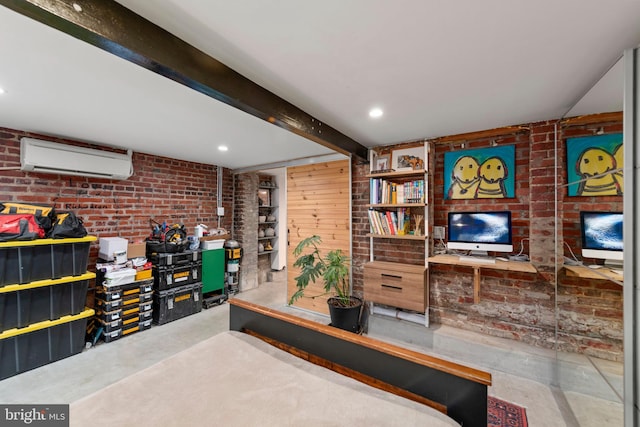 bedroom featuring a wall unit AC, brick wall, concrete flooring, beamed ceiling, and recessed lighting