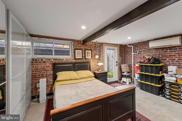 bedroom with brick wall, a wall unit AC, and beam ceiling