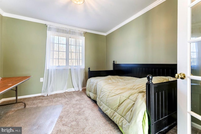 bedroom featuring baseboards, carpet flooring, and crown molding