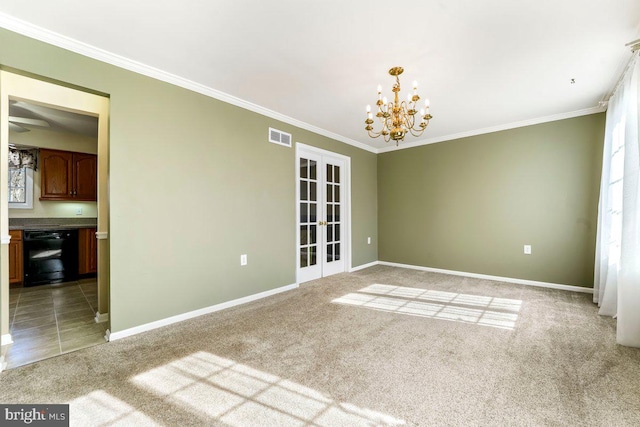 empty room with light carpet, french doors, a chandelier, and visible vents