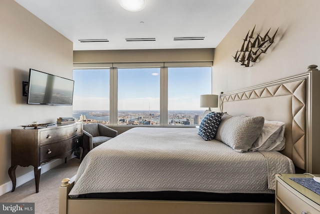 carpeted bedroom featuring baseboards and a city view