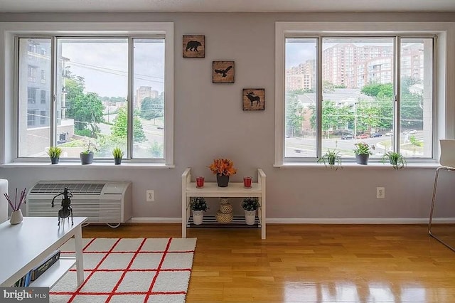 interior space with light wood finished floors, a wall mounted AC, and baseboards