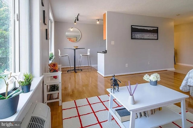 interior space featuring baseboards, heating unit, wood finished floors, and track lighting