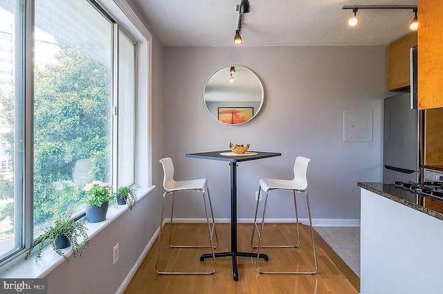 dining space featuring rail lighting, baseboards, and wood finished floors