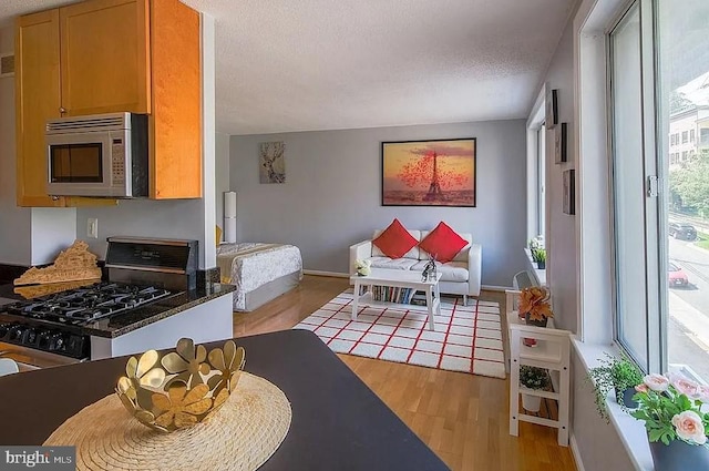 kitchen featuring light wood finished floors, stainless steel microwave, open floor plan, a textured ceiling, and gas range