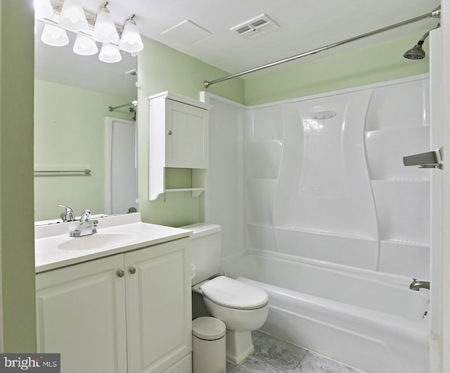 full bathroom featuring shower / bath combination, visible vents, vanity, and toilet