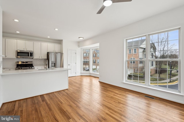 kitchen featuring a sink, backsplash, stainless steel appliances, light wood finished floors, and ceiling fan