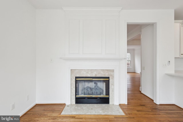 interior details featuring wood finished floors, baseboards, and a high end fireplace