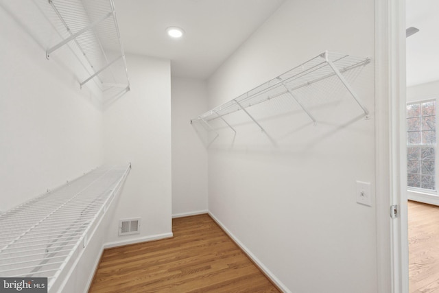 walk in closet with wood finished floors and visible vents