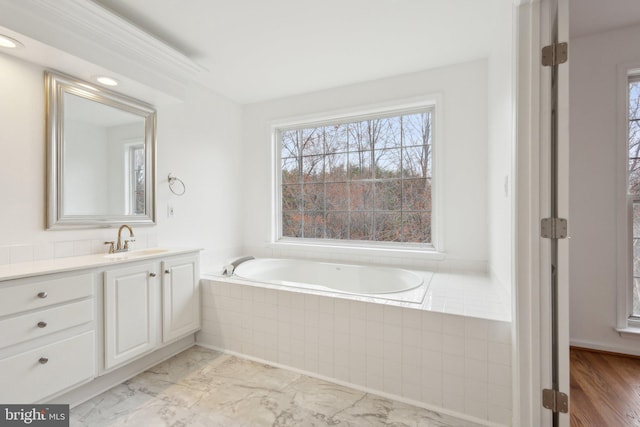 bathroom featuring vanity, a garden tub, and marble finish floor