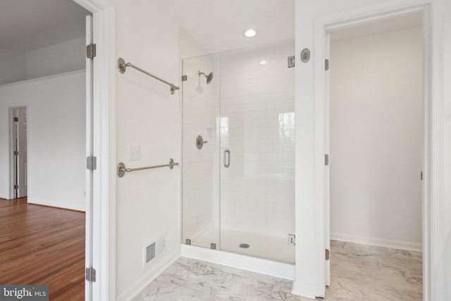 full bath featuring visible vents, a shower stall, baseboards, recessed lighting, and marble finish floor