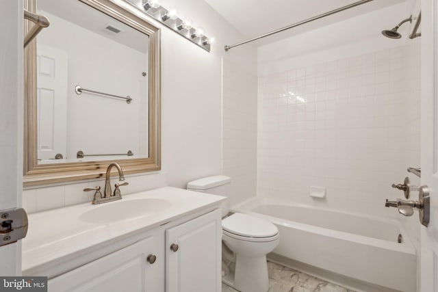 bathroom featuring visible vents, toilet, shower / bathing tub combination, marble finish floor, and vanity