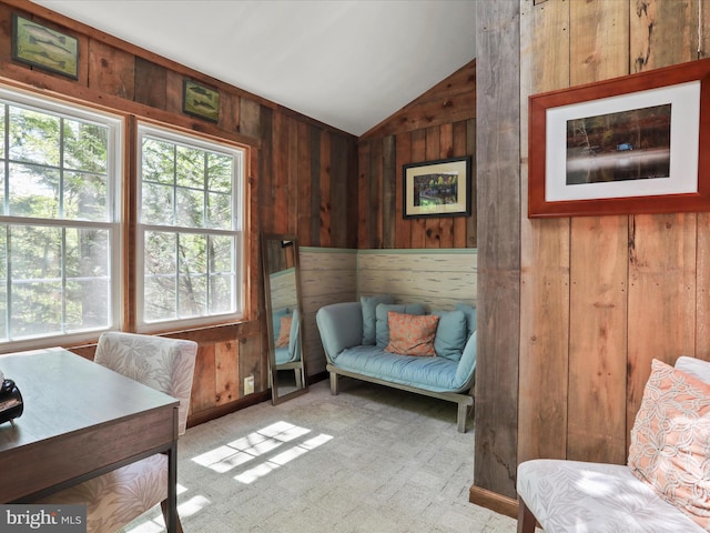 47 Timberline Dr, Lost River, WV 26810 - sitting room with wood walls, vaulted ceiling, plenty of natural light, and carpet