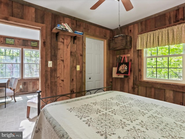 47 Timberline Dr, Lost River, WV 26810 - bedroom with wooden walls and a ceiling fan