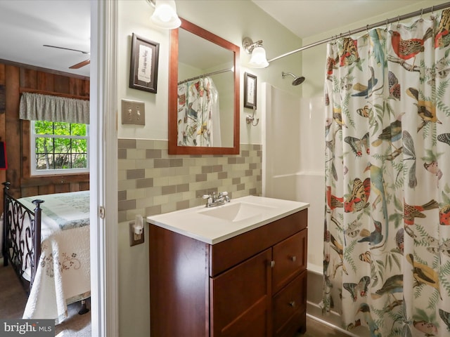 47 Timberline Dr, Lost River, WV 26810 - ensuite bathroom with ceiling fan, vanity, shower / bathtub combination with curtain, and backsplash