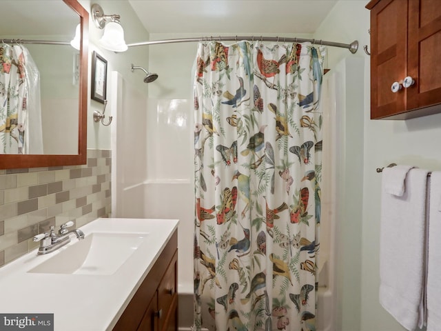 47 Timberline Dr, Lost River, WV 26810 - bathroom with backsplash, shower / tub combo with curtain, and vanity