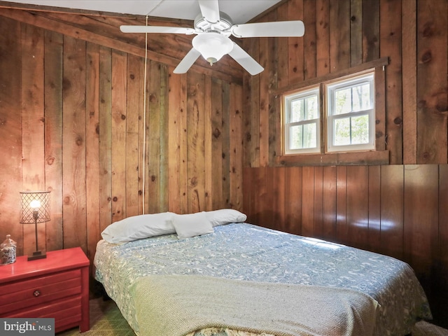 47 Timberline Dr, Lost River, WV 26810 - bedroom with wood walls and a ceiling fan