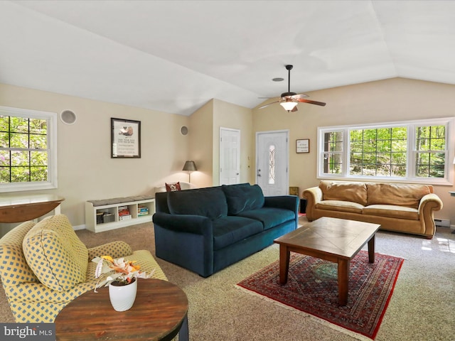 47 Timberline Dr, Lost River, WV 26810 - carpeted living room featuring lofted ceiling, ceiling fan, a baseboard radiator, and baseboards