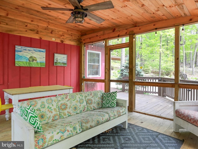 47 Timberline Dr, Lost River, WV 26810 - living area with ceiling fan, hardwood / wood-style floors, wood ceiling, and wooden walls