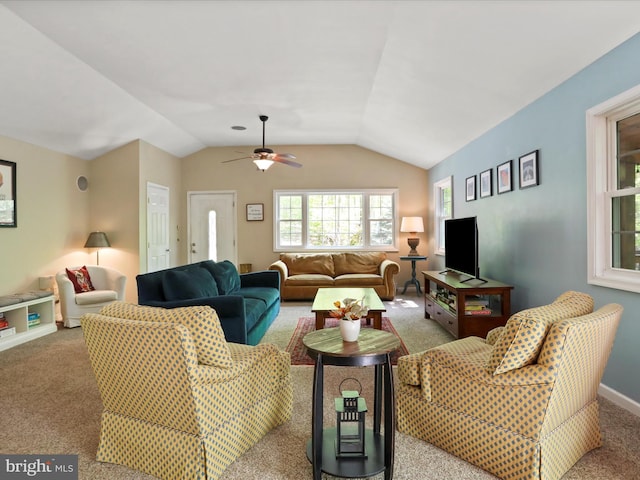 47 Timberline Dr, Lost River, WV 26810 - living room featuring carpet flooring, ceiling fan, vaulted ceiling, and baseboards