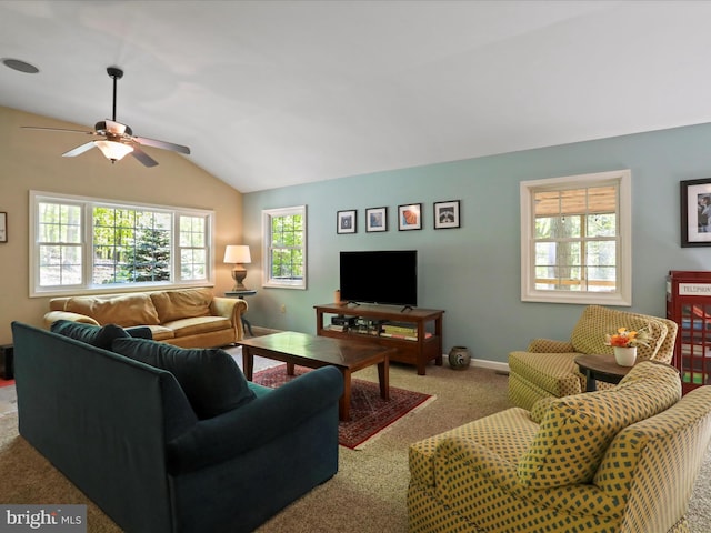 47 Timberline Dr, Lost River, WV 26810 - living area featuring carpet, ceiling fan, lofted ceiling, and baseboards