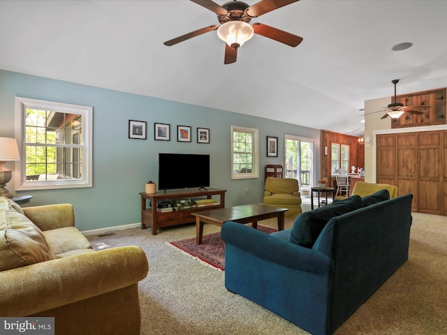 47 Timberline Dr, Lost River, WV 26810 - living room featuring a ceiling fan, carpet floors, lofted ceiling, and baseboards