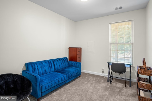 home office with carpet floors, visible vents, and baseboards