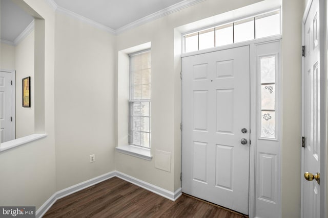 foyer with ornamental molding, dark wood-style flooring, plenty of natural light, and baseboards